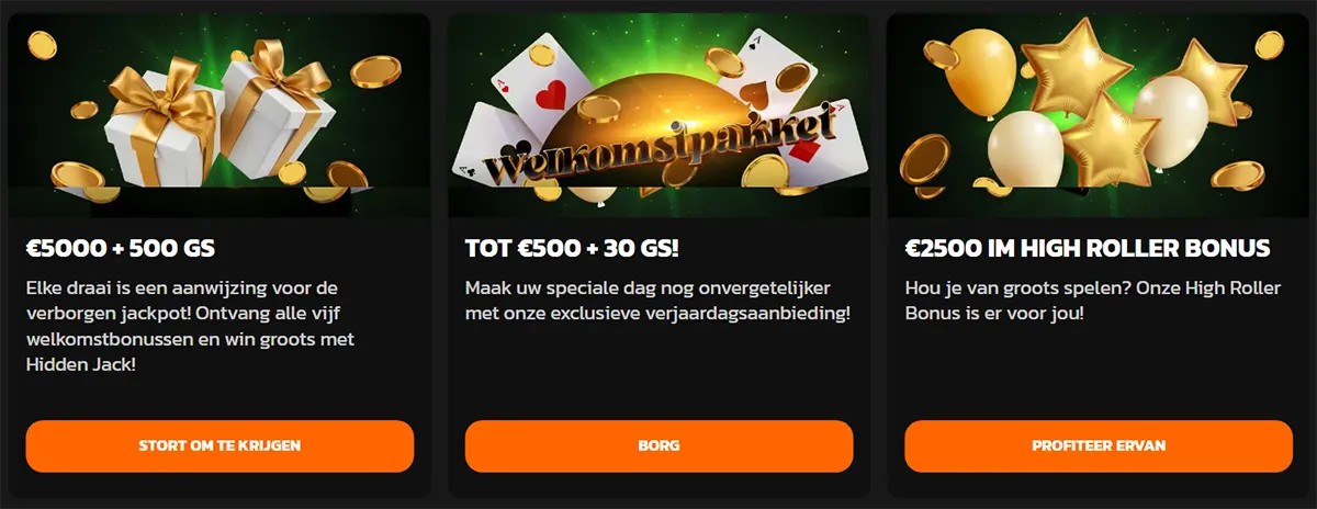 Three Dutch promo cards on a dark background advertising bonuses (€5000 + 500 GS welcome package, “Tot €500 + 30 GS” special offer, and “€2500 in High Roller Bonus”), each with gold coins and festive graphics and an orange CTA button.