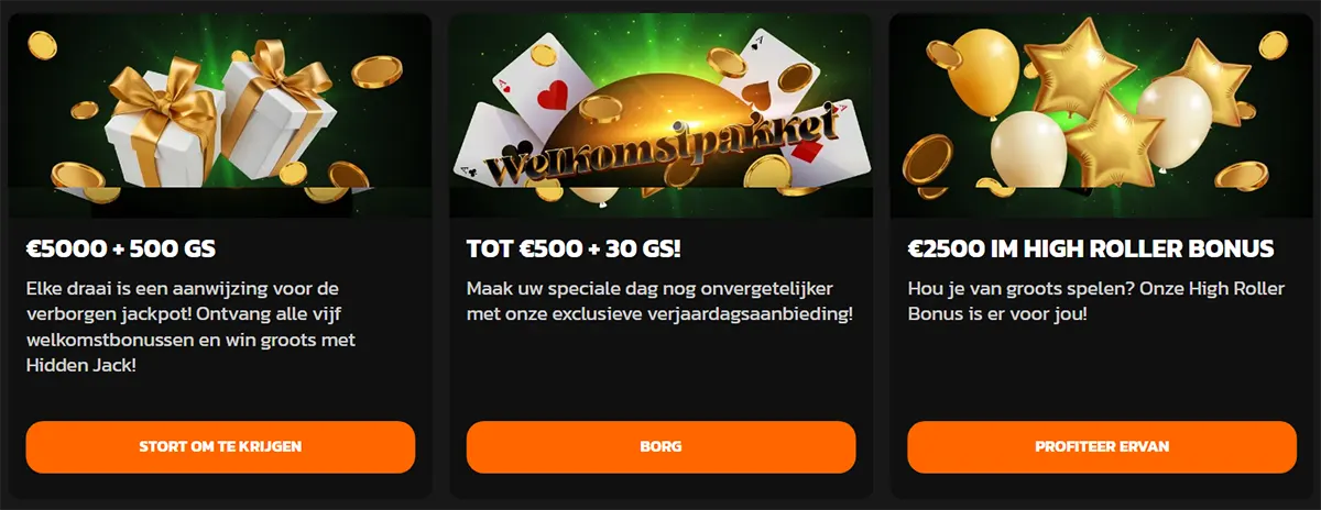 Three Dutch promo cards on a dark background advertising bonuses (€5000 + 500 GS welcome package, “Tot €500 + 30 GS” special offer, and “€2500 in High Roller Bonus”), each with gold coins and festive graphics and an orange CTA button.