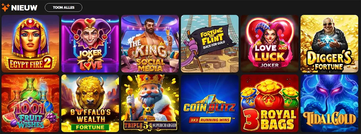 Screenshot of the casino “Nieuw” (New) section showing a grid of slot thumbnails: Egypt Fire 2, Joker Love, The King of Social Media, Fortune Flint: Back for Gold, Love and Luck, Digger’s Fortune, 1001 Fruit Wishes, Buffalo’s Wealth, Triple 5’s Supercharged, Coin Blitz, 3 Royal Bags, and Tidal Gold.