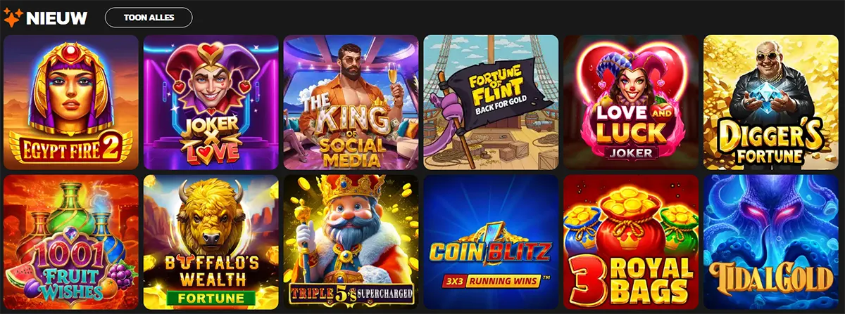 Screenshot of the casino “Nieuw” (New) section showing a grid of slot thumbnails: Egypt Fire 2, Joker Love, The King of Social Media, Fortune Flint: Back for Gold, Love and Luck, Digger’s Fortune, 1001 Fruit Wishes, Buffalo’s Wealth, Triple 5’s Supercharged, Coin Blitz, 3 Royal Bags, and Tidal Gold.