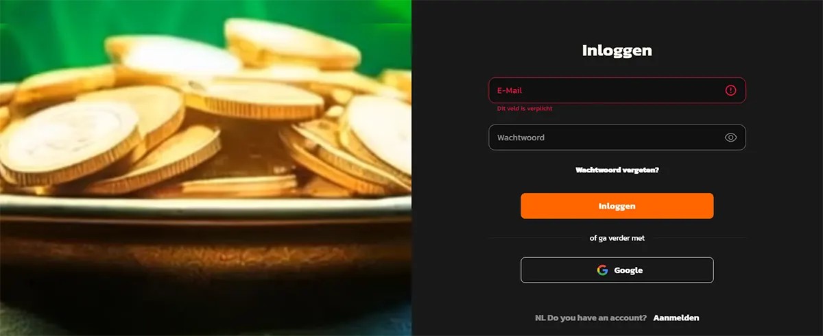 Dutch casino login pop-up (“Inloggen”) with email and password fields, orange login button, and Google sign-in option, shown beside a close-up background of stacked gold coins.