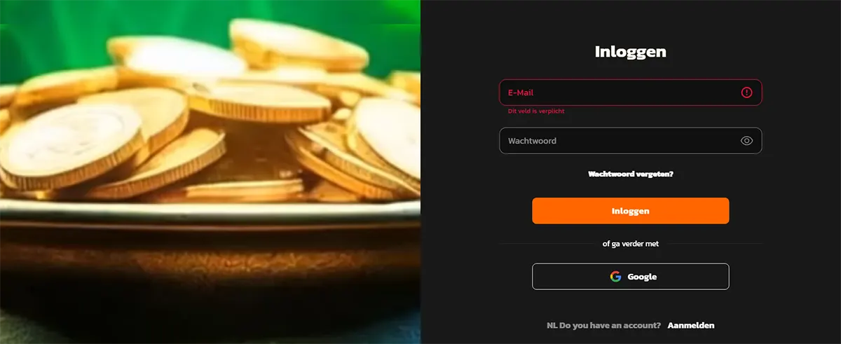 Dutch casino login pop-up (“Inloggen”) with email and password fields, orange login button, and Google sign-in option, shown beside a close-up background of stacked gold coins.